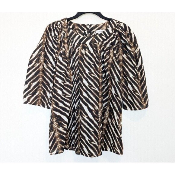 CALVIN KLEIN Top Womens Size XL Tan Animal Print Zebra Statement Sleeves Shirt - Picture 2 of 12